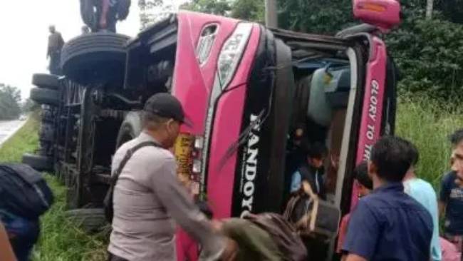 Kecelakaan Tunggal Bus Handoyo Terbalik di Musi Rawas Utara, 1 Korban Patah Tulang