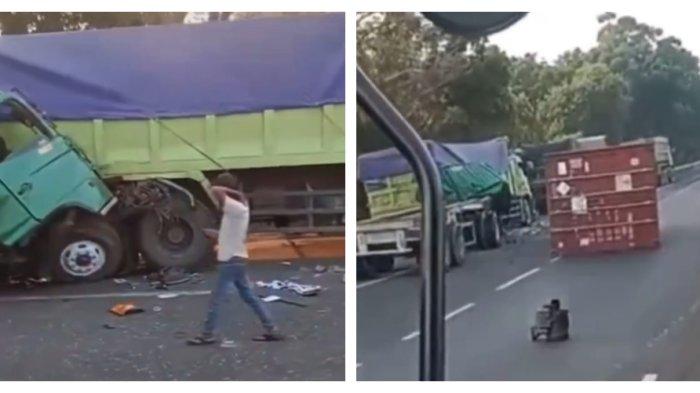 Ngeri, Truk Tabrakan Beruntun, Peti Kemas Sampai Halangi Jalan Tol