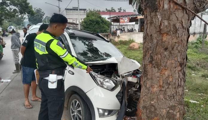 Tersenggol Truk, Mobil Sigra Hilang Kendali Lalu Hantam Pohon di Dharmasraya, Sopir Luka-Luka